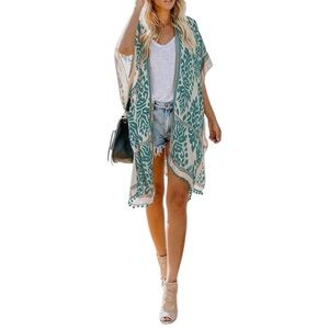 DOKOTOO Aqua & Ivory Print Cover Up OS Chiffon Kimono Style Pom-Pom Trim Beachy